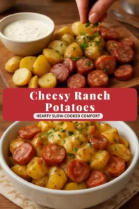 Cheesy ranch potatoes and smoked sausage dish served in a bowl