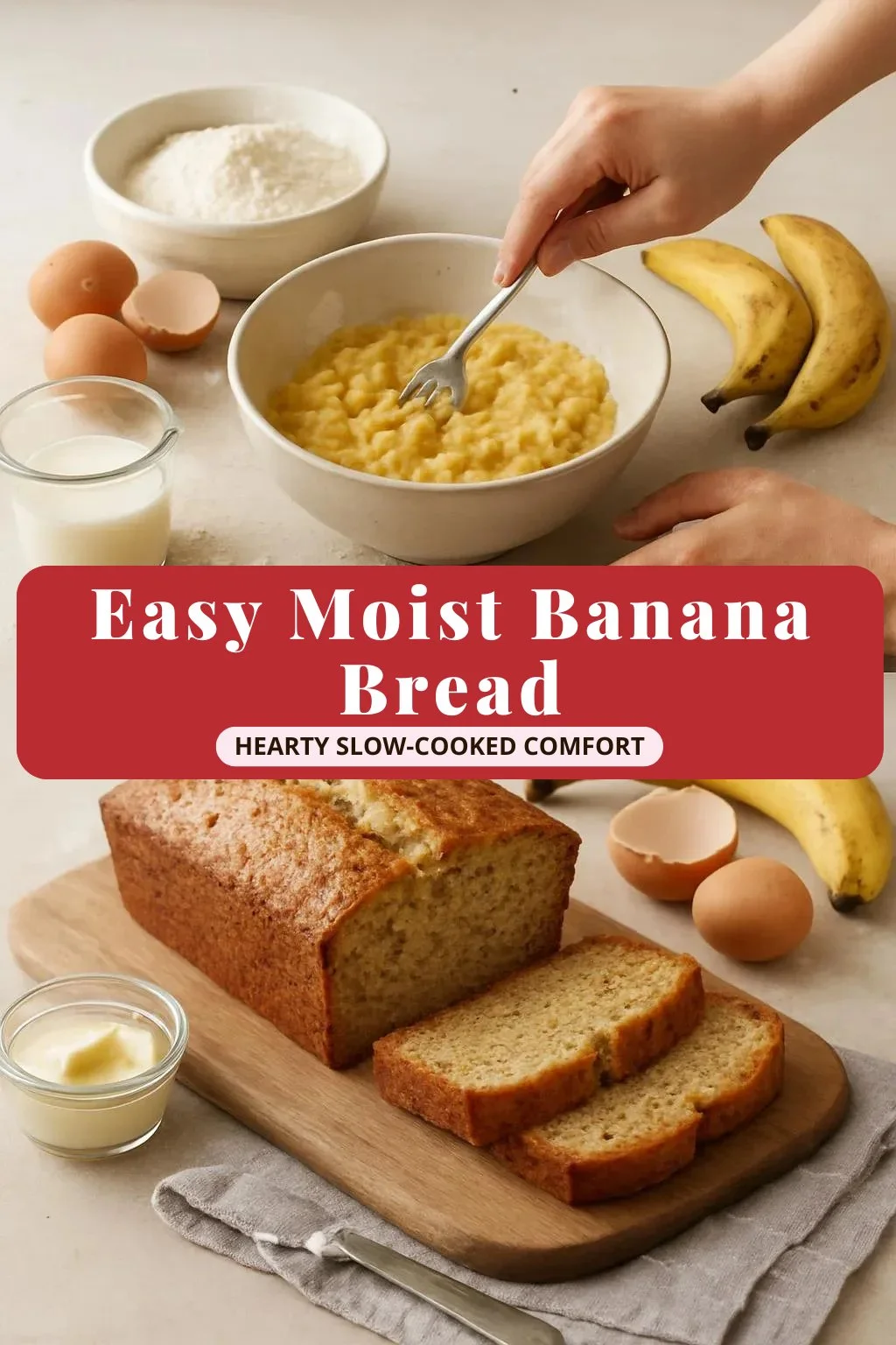 Deliciously moist banana bread loaf with sliced bananas on top
